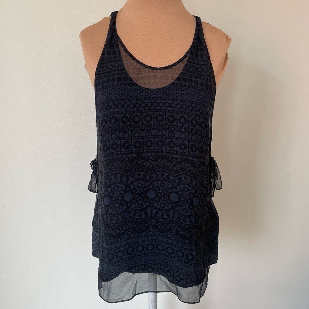 3.1 Phillip Lim Blue Black Geometric Print Silk Side Tie Layered Tank Top EUC 4